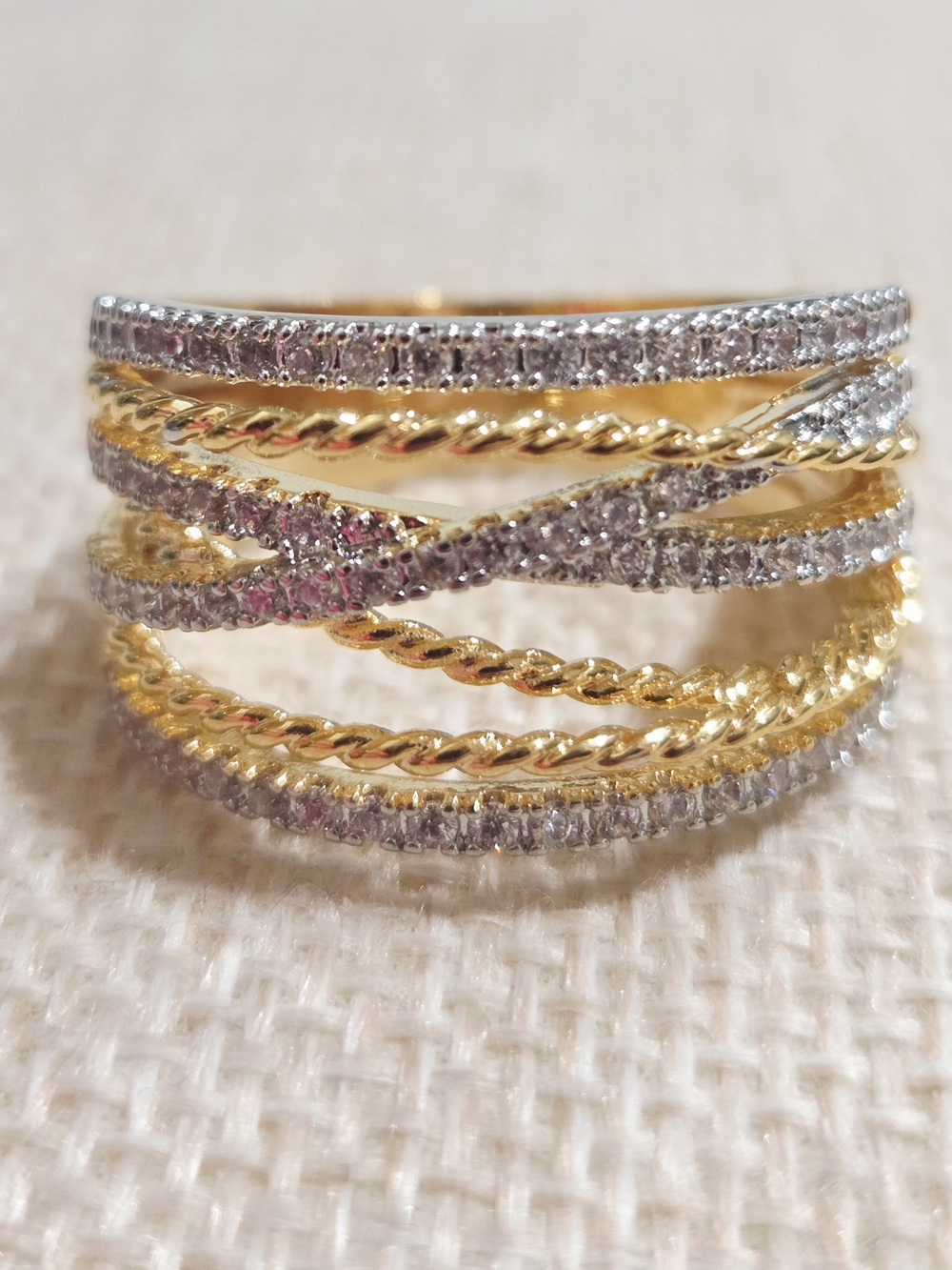 Gold and Silver Multi-Row Crystal Stacked Ring~size 10